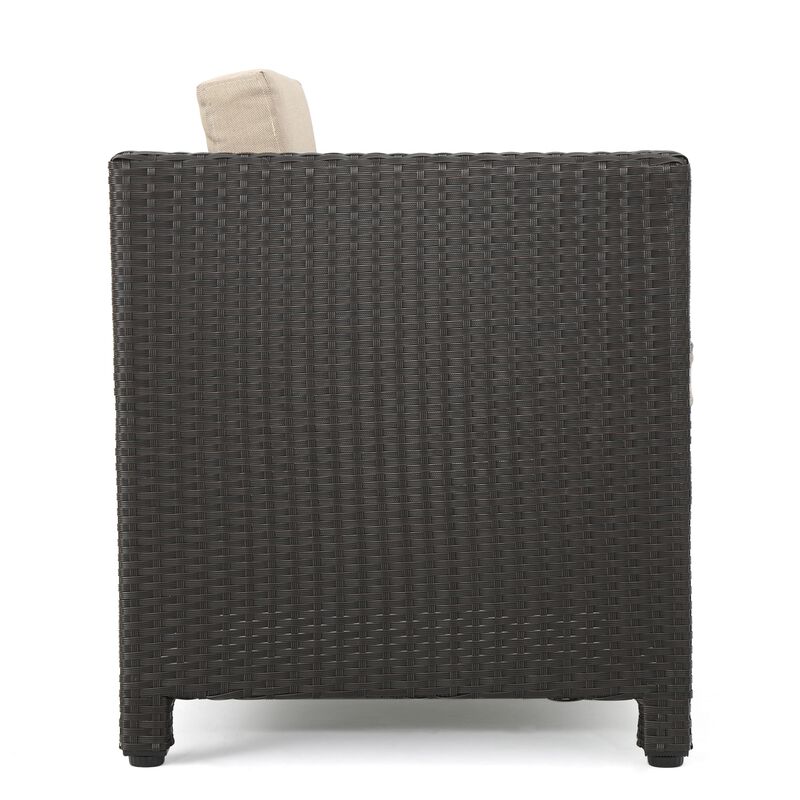 Elza Outdoor Accent Chair, Iron, Brown Faux Rattan Wicker, Beige - Benzara