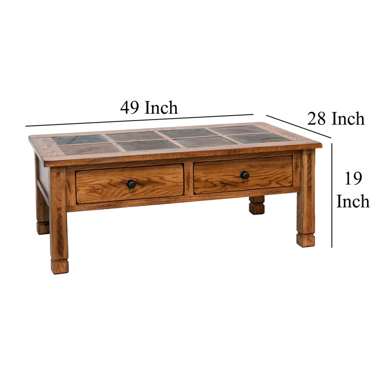 Marv Coffee Table, 2 Drawers, 49 Inch Rectangular w Brown Slate Inlay - Benzara