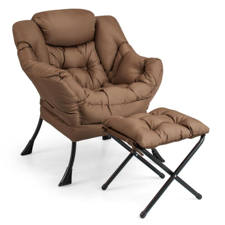 Hivvago Modern Accent Sofa Chair with Folding Footrest and Side Pocket-Brown