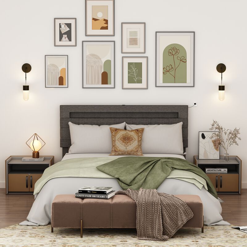 FUFU&GAGA Grey Upholstered Full-Size Bed Frame with Storage Drawers (65.4" W x 82.7" L x 42.1" H),Grey