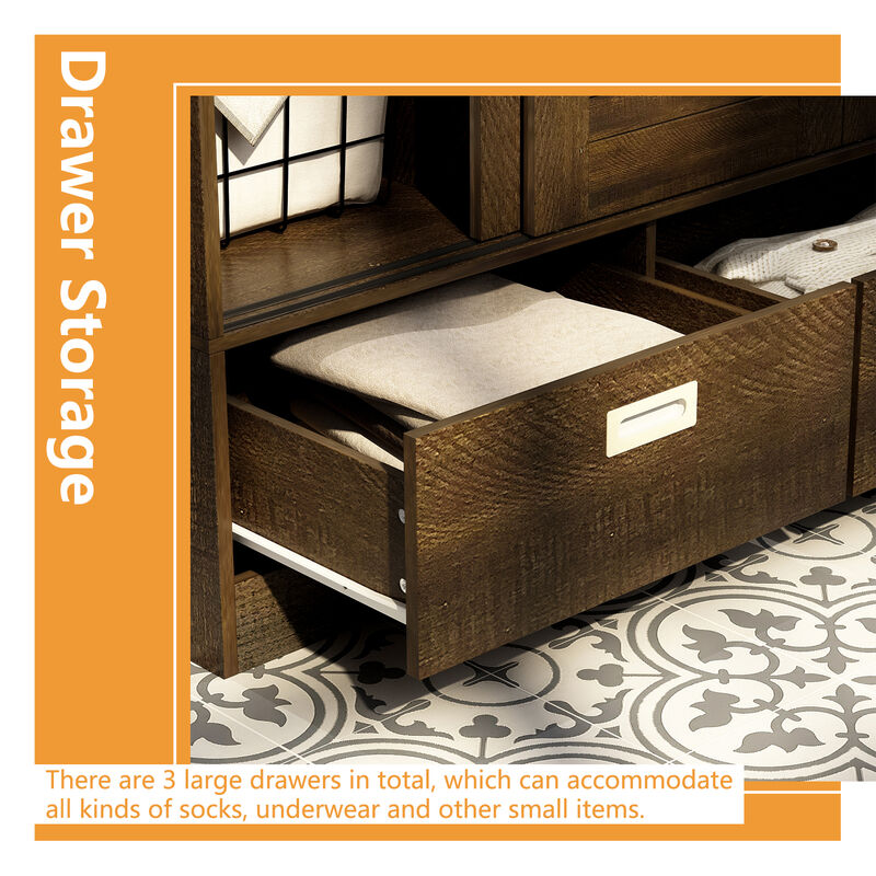 Dark Brown Wood 59.1 in. W 4-Door Big Wardwore Armoires With 4 Sliding Doors, Hanging Rods, Drawers, Storage Shelves