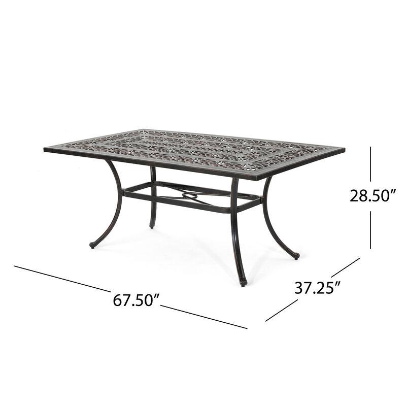Shaili Outdoor Dining Table, Rectangular 68 Inch, Shiny Copper Cast Metal - Benzara