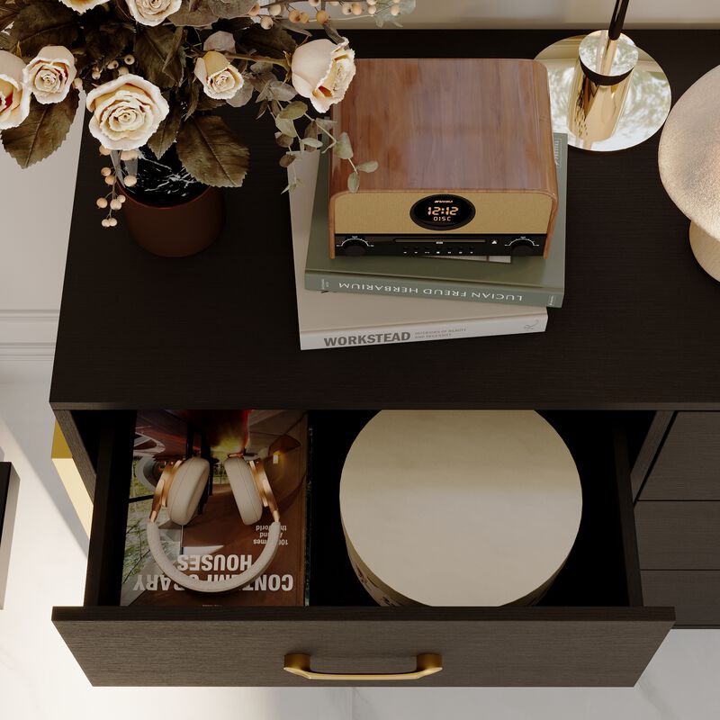 Black Wood 9 Big Drawers 61.4 in. W Dresser With Metal Frame Legs