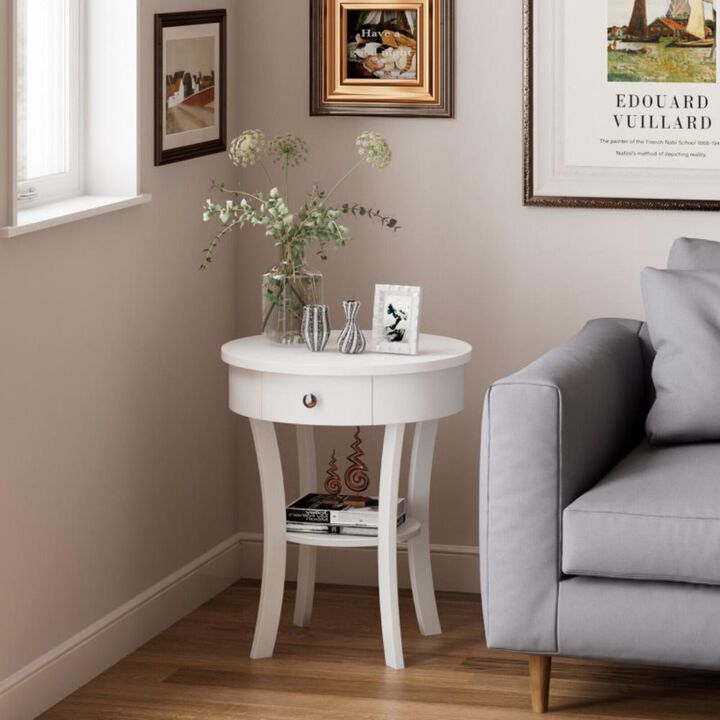 Hivvago 2-Tier Wood Round End Table with Open Drawer