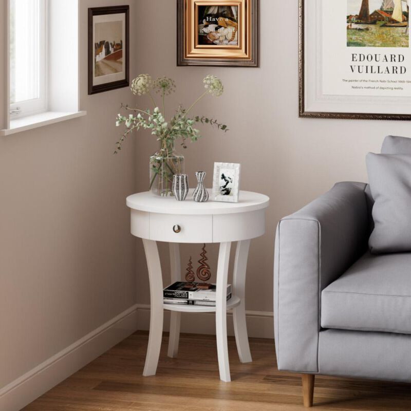 Hivvago 2-Tier Wood Round End Table with Open Drawer