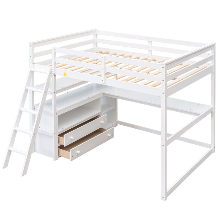 Full Size Loft Bed With Desk And Shelves, Two Built-In Drawers