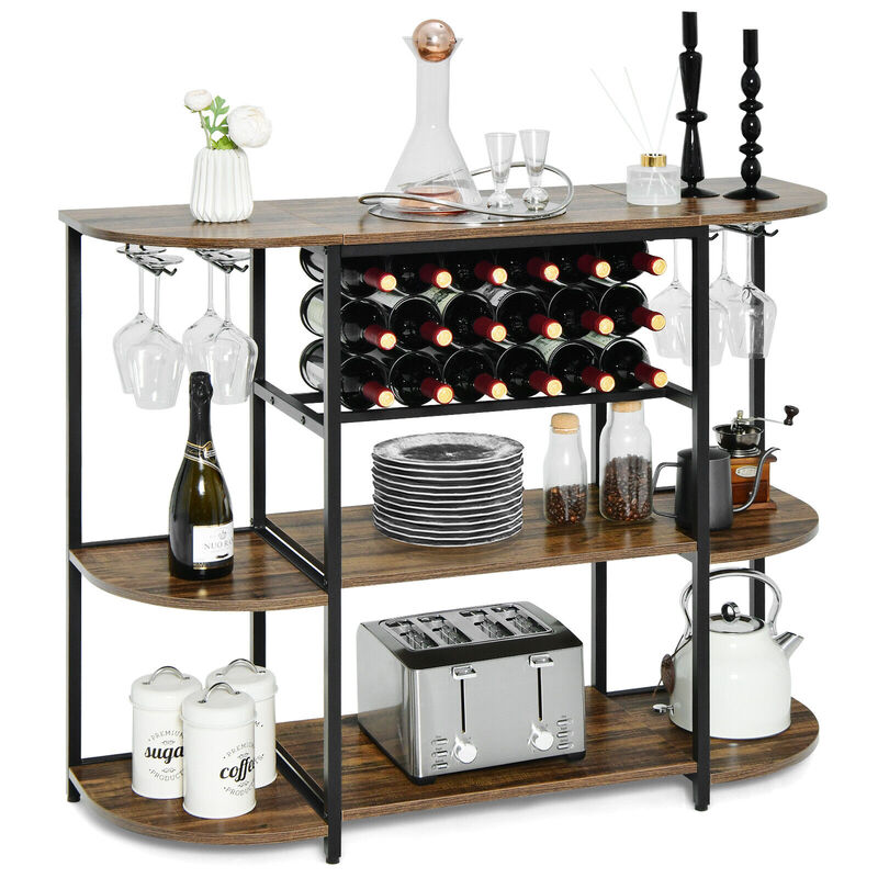 47 Inches Wine Rack Table with Glass Holder and Storage Shelves - Rustic Brown