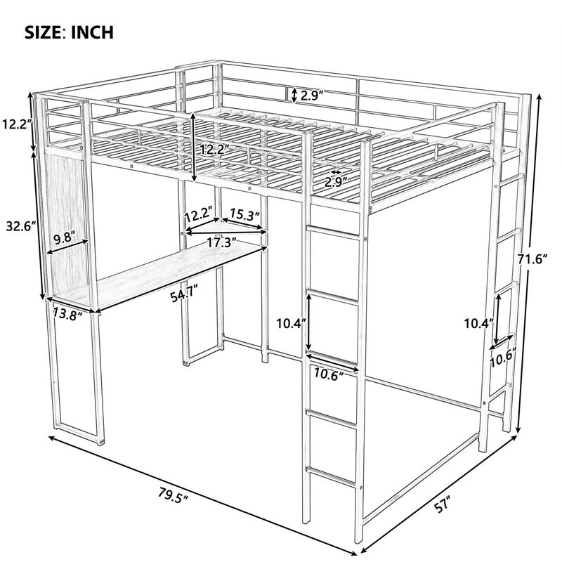 Full Size Metal Loft Bed With 2 Shelves And One Desk
