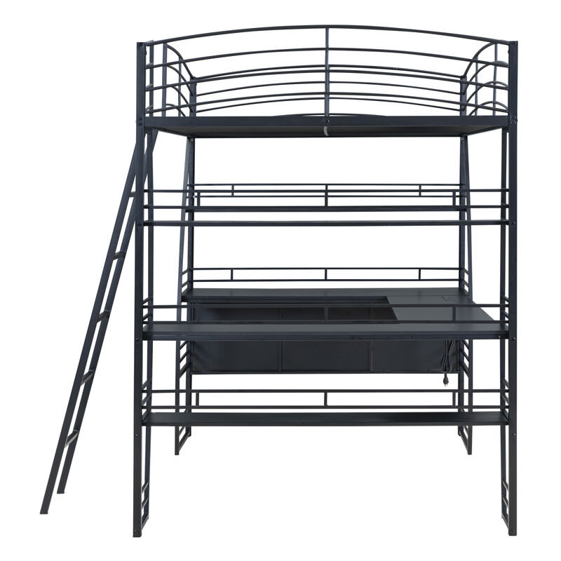 Full Size Loft Bed with Shelves, L-Shaped Desk & Charging Ports