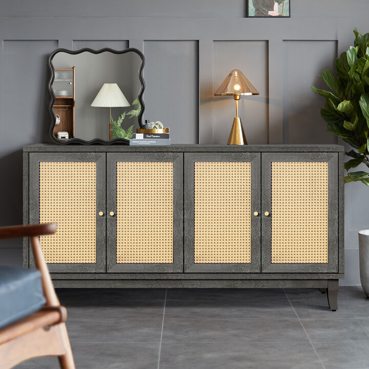 Handcrafted Rattan Sideboard Cabinet with 4 Doors and Adjustable Shelves