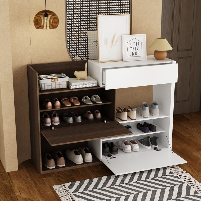 FUFU&GAGA 40.5-in H 3 Tier 10 Pair White+Brown Engineered Wood Shoe Cabinet