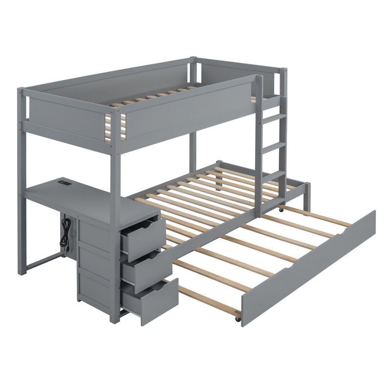 Twin Over Twin Bunk Bed With Twin Size Trundle, Storage And Desk, Gray