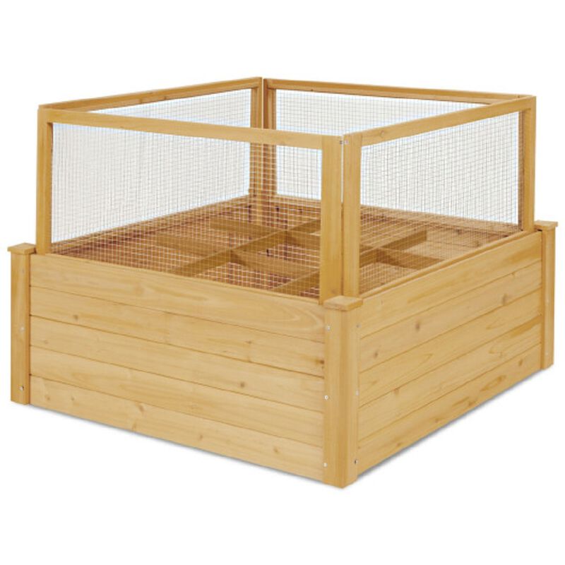 Wooden Raised Garden Box with 9 Grids and Critter Guard Fence