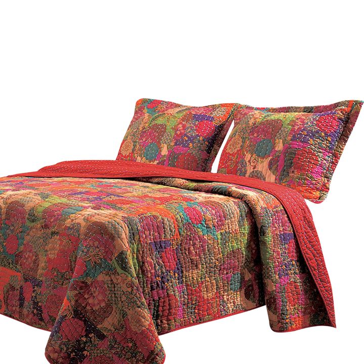 Tisa 3 Piece Reversible King Quilt Set with Floral and Fruit Pattern, Multicolor - Benzara