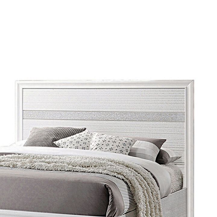 Contemporary Queen Bed with Drawers and Glittering Stripes, White-Benzara