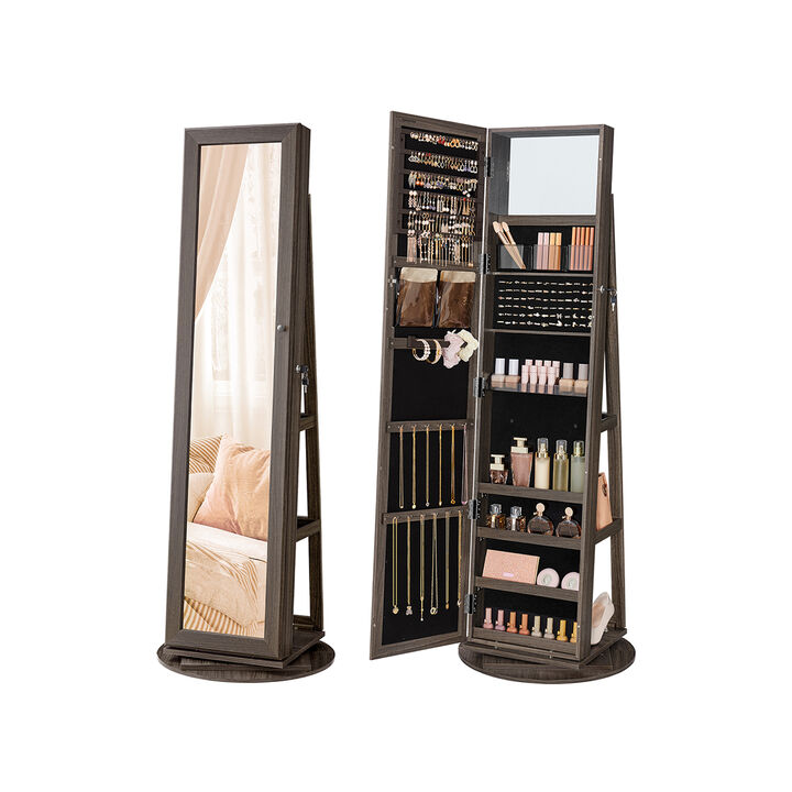 360° Swivel Lockable Jewelry Cabinet with Full-Length Mirror, Rear Storage Shelves, and Built-In Small Mirror