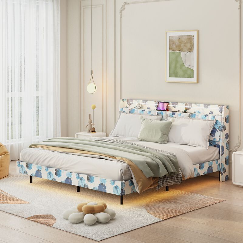 MONDAWE King Floating Bed Frame with LED Light and Charging Station with Headboard and Hidden Storage Space