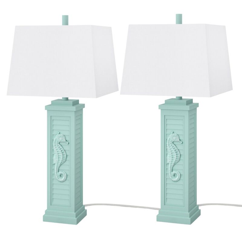 Lux Lighting Sea Horse Shutter 32” Resin Teal Lamp with USB, (Set of 2)