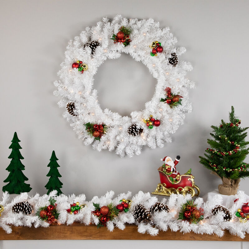 Pre-Lit LED White Canadian Pine Artificial Christmas Wreath  30-Inch  Clear Lights