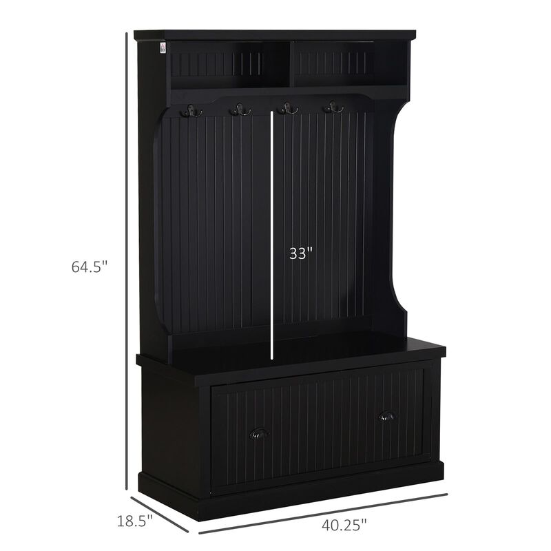 Black Entryway Solution: Hall Cabinet with Coat Hooks & Shoe Bench