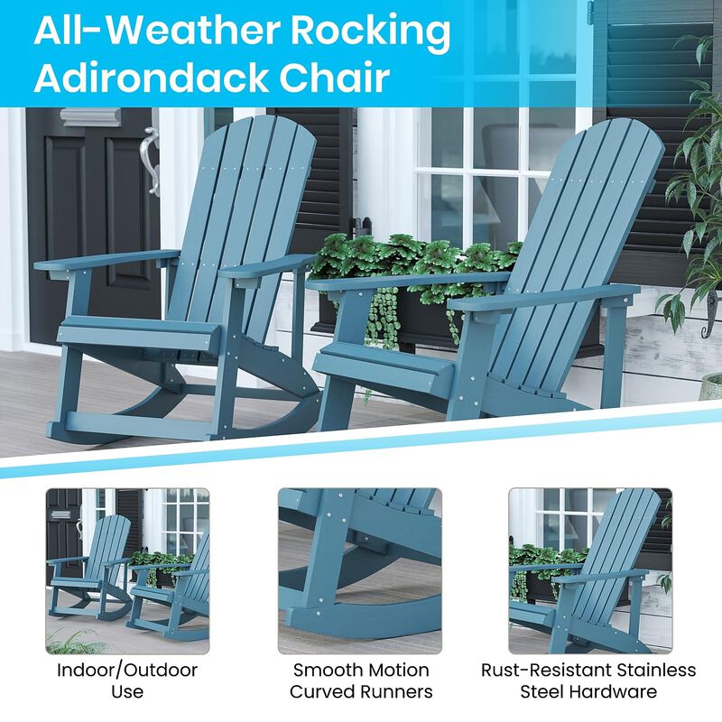 Flash Furniture Savannah Poly Resin Wood Adirondack Rocking Chair - All Weather Sea Foam Polystyrene - Stainless Steel Hardware