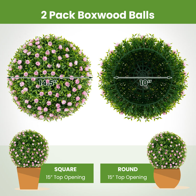 2-Piece 17.5" Artificial Topiary Balls with Faux Pink Flowers for Outdoor and Home Decor