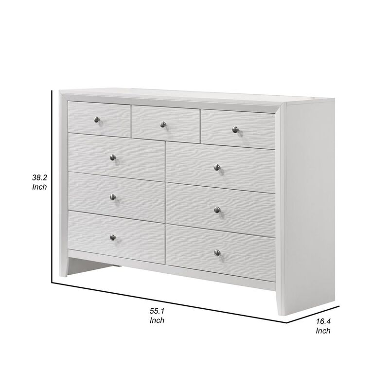 Benjara Eve 55 Inch Wide Dresser with Mirror, 9 Drawers, Metal Handles, Wood, White and Silver