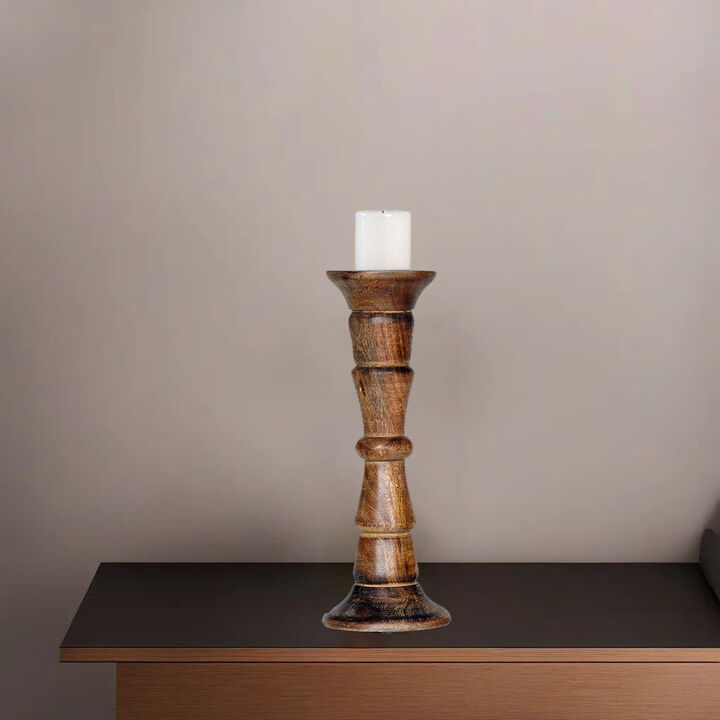 Traditional Medium Burnt Eco-friendly Handmade Mango Wood Set Of One 12" Pillar Candle Holder