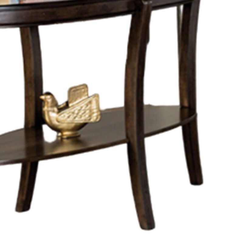 Orio Sofa Table, Open Shelves, 49 Inch Oval Top, Curved Legs, Brown Wood