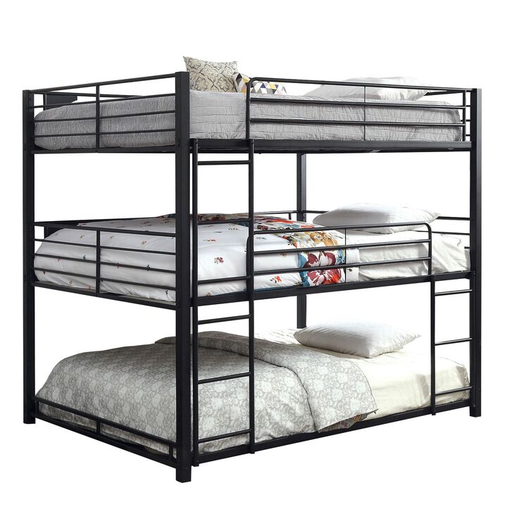 Industrial Style Queen Triple Decker Bunk Bed with Ladder, Black-Benzara