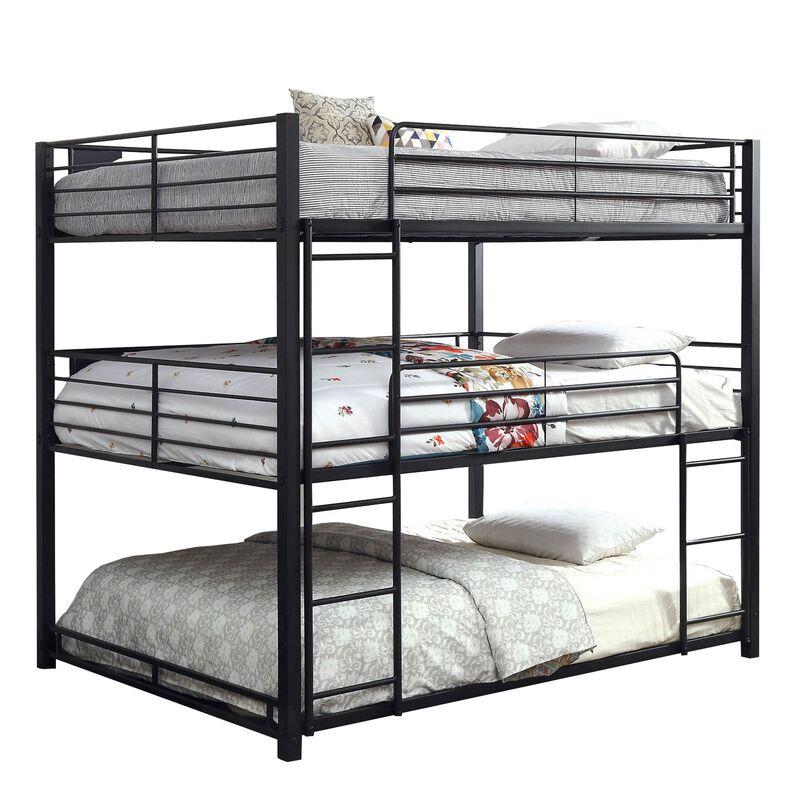 Industrial Style Queen Triple Decker Bunk Bed with Ladder, Black-Benzara