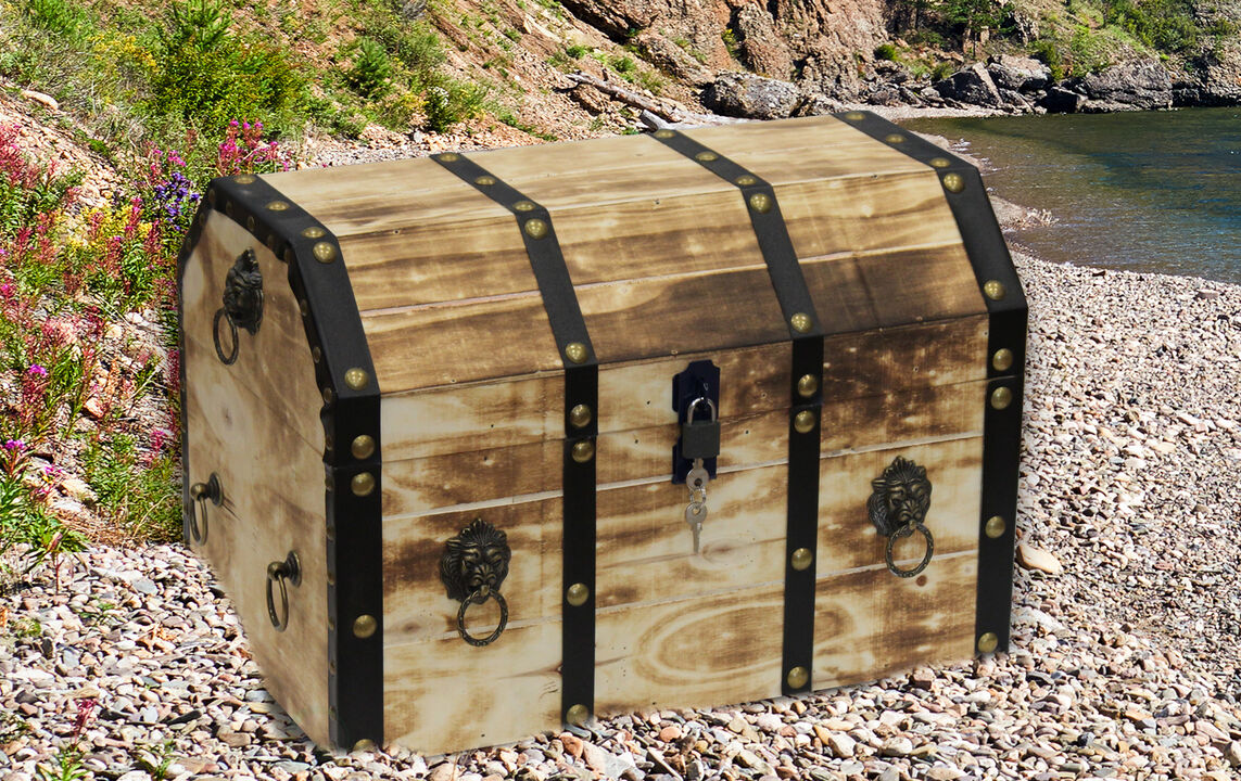 Large Wooden Decorative Lion Rings Pirate Trunk with Lockable Latch and Lock