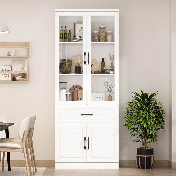 FUFU&GAGA Kitchen Storage Cabinet with Glass Doors, Adjustable Shelves, and Drawer for Organization (31.5" W x 15.7" D x 78.9" H) White