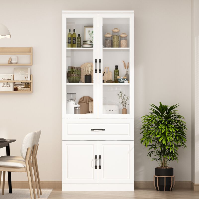 FUFU&GAGA Kitchen Storage Cabinet with Glass Doors, Adjustable Shelves, and Drawer for Organization (31.5" W x 15.7" D x 78.9" H) White