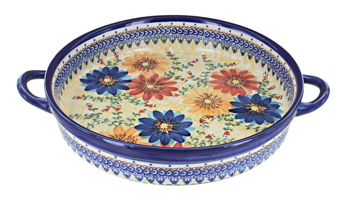 Blue Rose Polish Pottery Spring Blossom Large Round Baker with Handles
