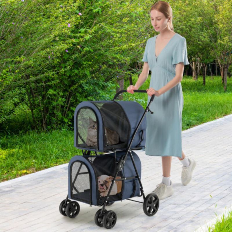 4-in-1 Foldable Double Layer Pet Stroller with 2 Detachable Carriers-Blue