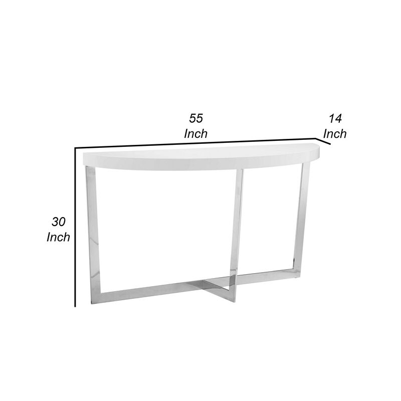 Tini 55 Inch Console Table, Oval Top, Chrome Frame, Sleek White Finish - Benzara