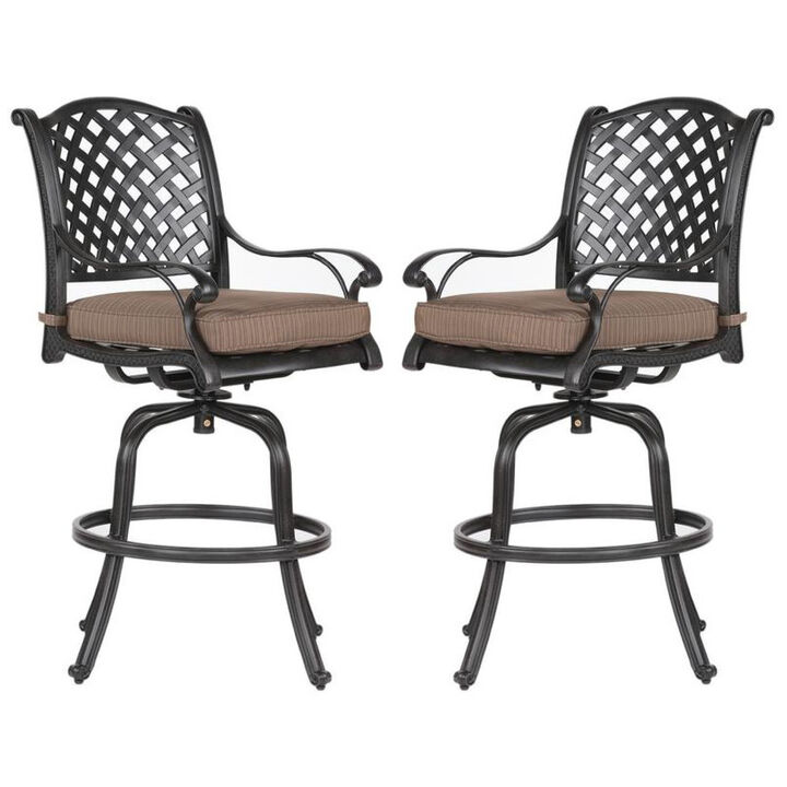 49 Inch Zoe Swivel Outdoor Bar Stool, Set of 2, Black and Brown-Benzara