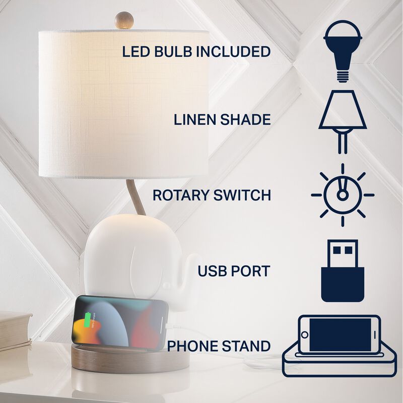 Ellie Bohemian Designer Iron/Resin Elephant LED Kids' Table Lamp with Phone Stand and USB Charging Port