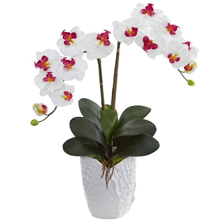 Nearly Natural 23-in Double Phalaenopsis Orchid in White Vase