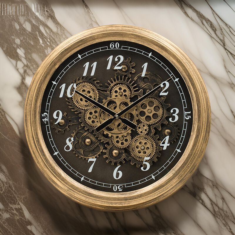 21 Inch Round Wall Clock, Gear Design, Numbered Analog, Gold Bronze Iron - Benzara