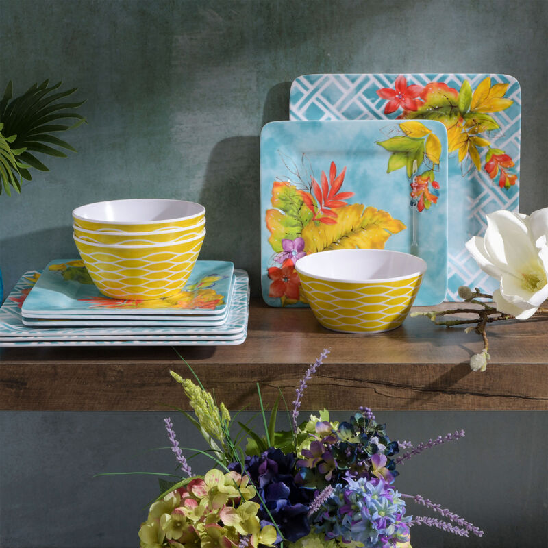 Laurie Gates Tropicalla 12 Piece Square Melamine Dinnerware Set