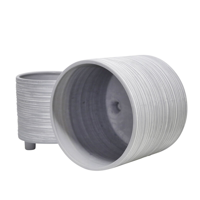 Footed Planter with Lines Gray
