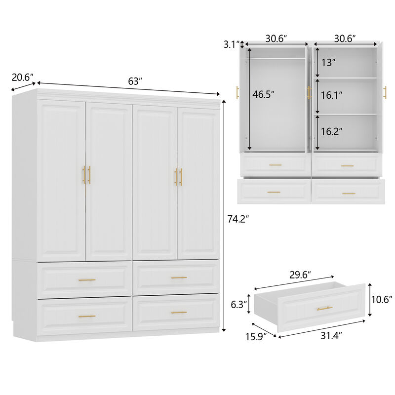 White Wood 63 in. W 4-Door Big Wardrobe Armoires with Hanging Rod, Drawers, Storage Shelves 74.2 in. H x 20.6 in. D