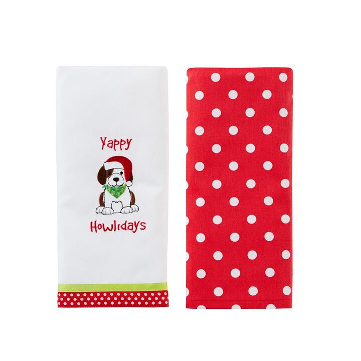 SKL Home Saturday Knight Ltd Yappy Howlidays Red And White Polka Dot Striped Trim Dish Towel Set - 2-Piece - 16x26", Multi