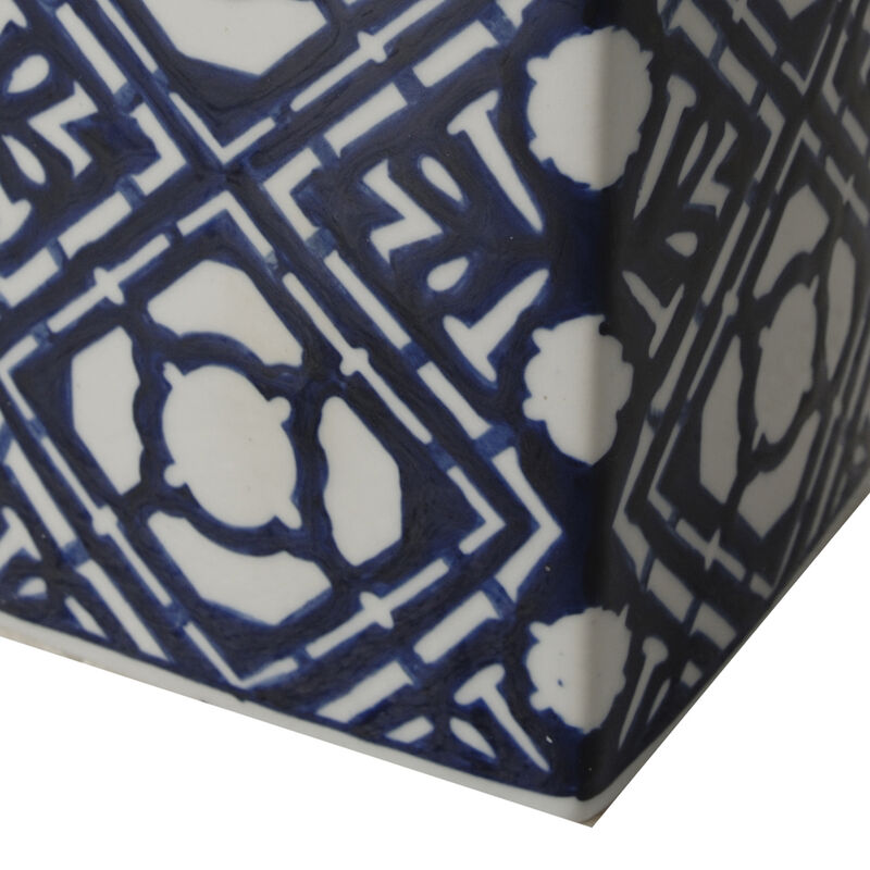 10 Inch Lidded Jar, Porcelain Construction, Deep Blue Graphic Trellis-Benzara