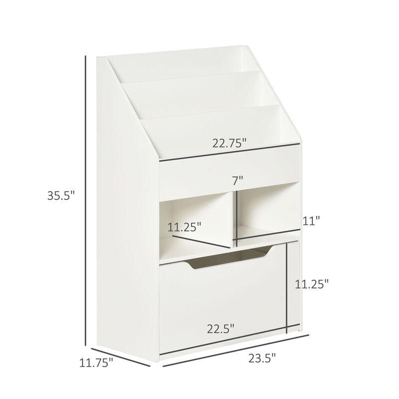 White Kids' Bookshelf: Multi-Shelf Organizer with Drawer
