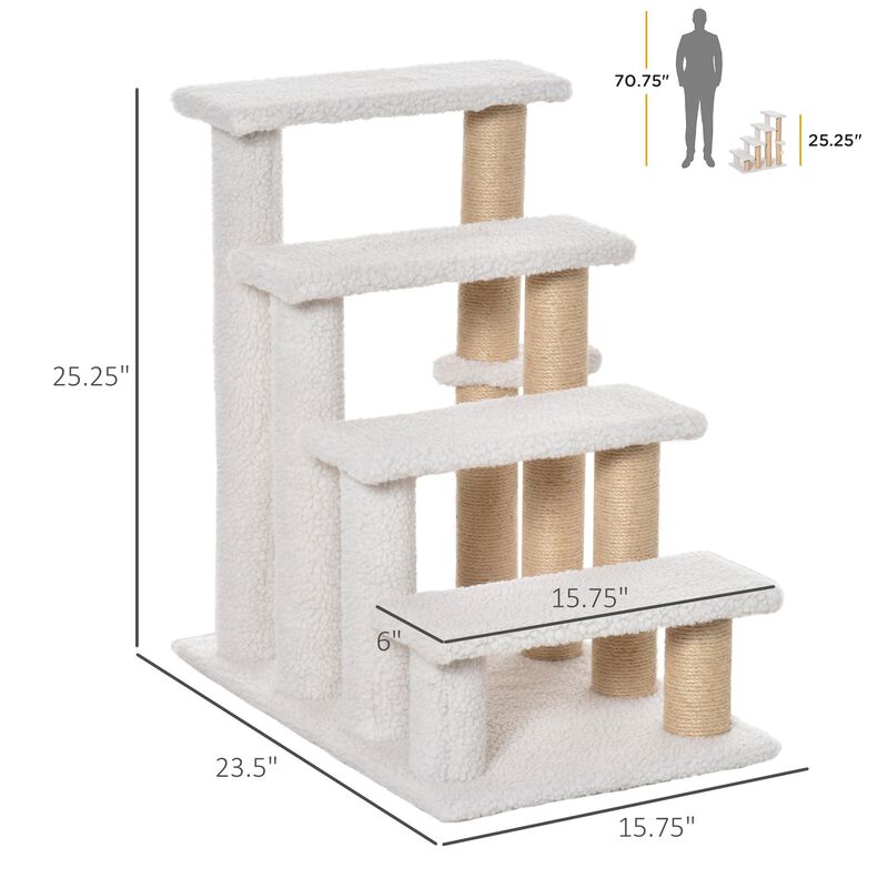 White Pet Climber: 4-Level Carpeted Cat Stairs with Scratching Posts
