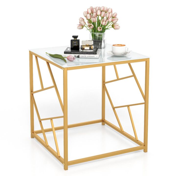 Hivvago Square End Table with Tempered Glass Tabletop and Gold Finish Geometric Frame-Golden