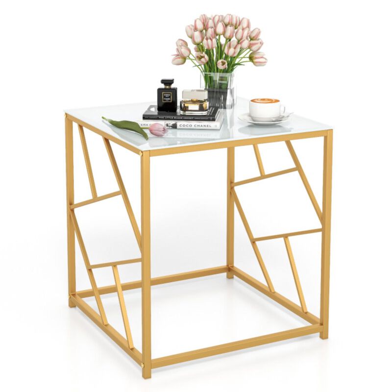 Hivvago Square End Table with Tempered Glass Tabletop and Gold Finish Geometric Frame-Golden